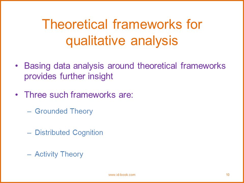 Theoretical frameworks for qualitative analysis Basing data analysis around theoretical frameworks provides further insight Three such frameworks are: –Grounded Theory –Distributed Cognition –Activity Theory