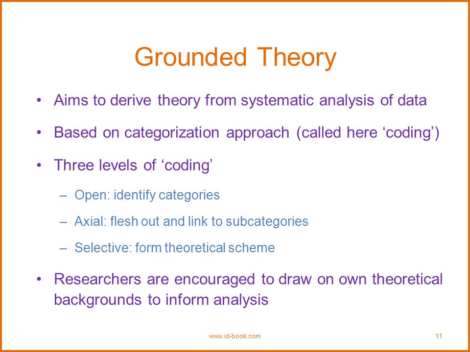 Grounded Theory Aims to derive theory from systematic analysis of data Based on categorization approach (called here ‘coding’) Three levels of ‘coding’ –Open: identify categories –Axial: flesh out and link to subcategories –Selective: form theoretical scheme Researchers are encouraged to draw on own theoretical backgrounds to inform analysis