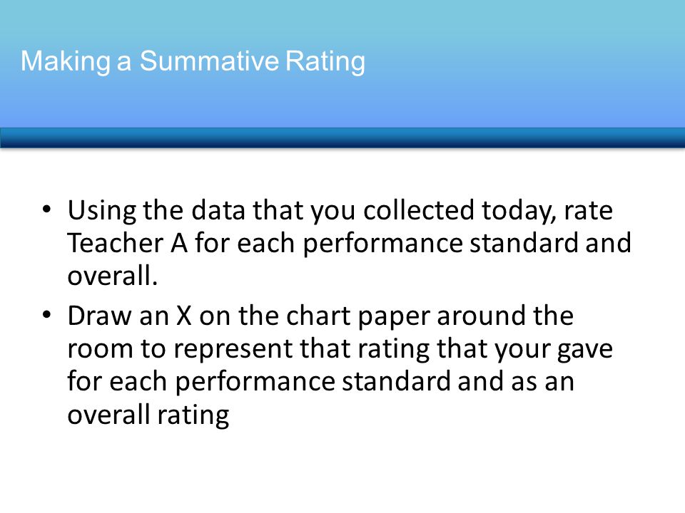 Using the data that you collected today, rate Teacher A for each performance standard and overall.