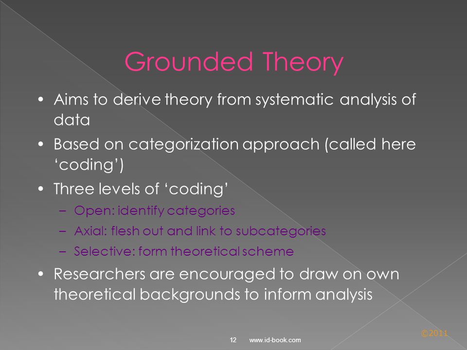 © Grounded Theory Aims to derive theory from systematic analysis of data Based on categorization approach (called here ‘coding’) Three levels of ‘coding’ –Open: identify categories –Axial: flesh out and link to subcategories –Selective: form theoretical scheme Researchers are encouraged to draw on own theoretical backgrounds to inform analysis