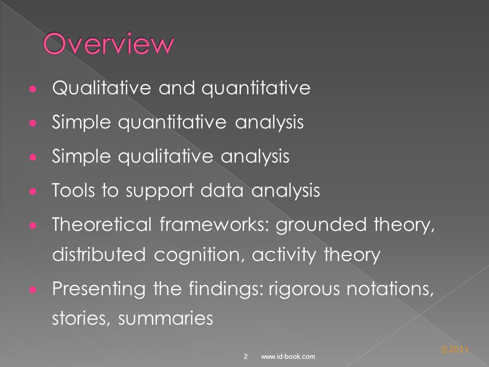 ©2011  Qualitative and quantitative  Simple quantitative analysis  Simple qualitative analysis  Tools to support data analysis  Theoretical frameworks: grounded theory, distributed cognition, activity theory  Presenting the findings: rigorous notations, stories, summaries   2