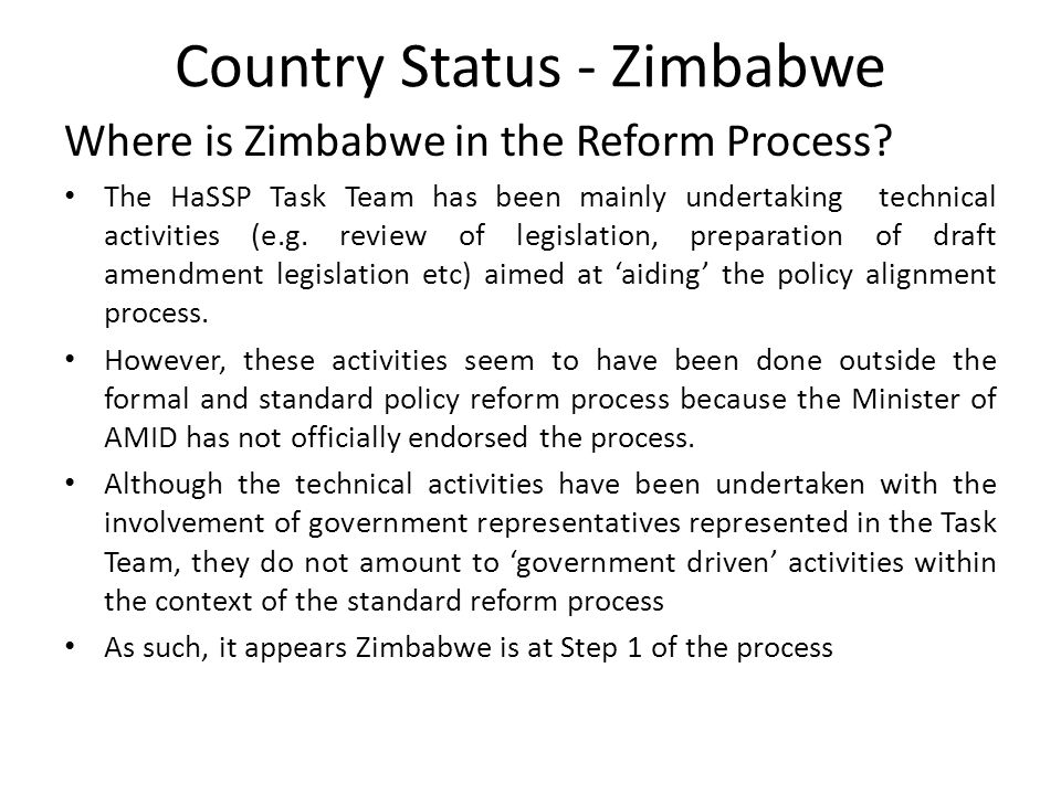 Country Status - Zimbabwe Where is Zimbabwe in the Reform Process.