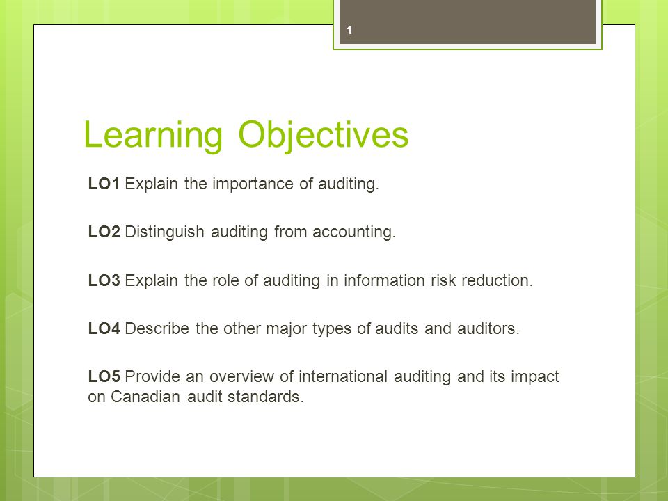 Learning Objectives LO1 Explain the importance of auditing.