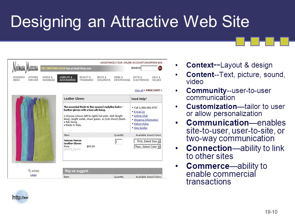 19-10 Designing an Attractive Web Site Context -- Layout & design Content--Text, picture, sound, video Community--user-to-user communication Customization—tailor to user or allow personalization Communication—enables site-to-user, user-to-site, or two-way communication Connection—ability to link to other sites Commerce—ability to enable commercial transactions