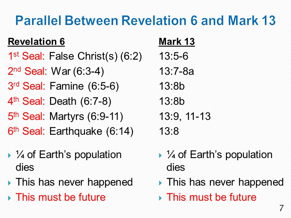 Revelation 6 1 st Seal: False Christ(s) (6:2) 2 nd Seal: War (6:3-4) 3 rd Seal: Famine (6:5-6) 4 th Seal: Death (6:7-8) 5 th Seal: Martyrs (6:9-11) 6 th Seal: Earthquake (6:14)  ¼ of Earth’s population dies  This has never happened  This must be future Mark 13 13:5-6 13:7-8a 13:8b 13:9, :8  ¼ of Earth’s population dies  This has never happened  This must be future 7