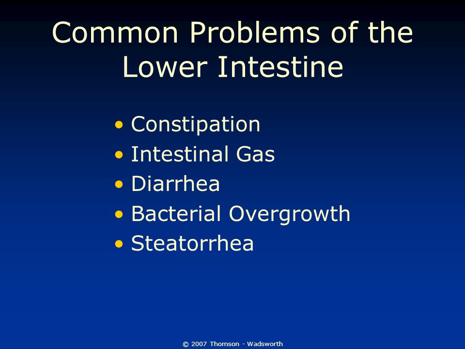 © 2007 Thomson - Wadsworth Common Problems of the Lower Intestine Constipation Intestinal Gas Diarrhea Bacterial Overgrowth Steatorrhea