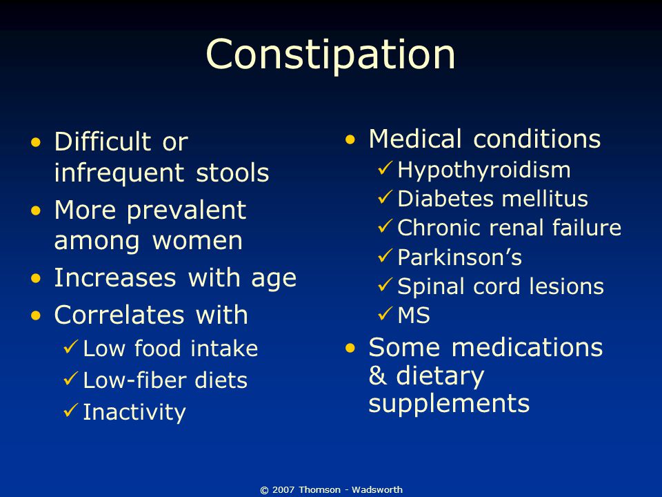 © 2007 Thomson - Wadsworth Constipation Difficult or infrequent stools More prevalent among women Increases with age Correlates with Low food intake Low-fiber diets Inactivity Medical conditions Hypothyroidism Diabetes mellitus Chronic renal failure Parkinson’s Spinal cord lesions MS Some medications & dietary supplements