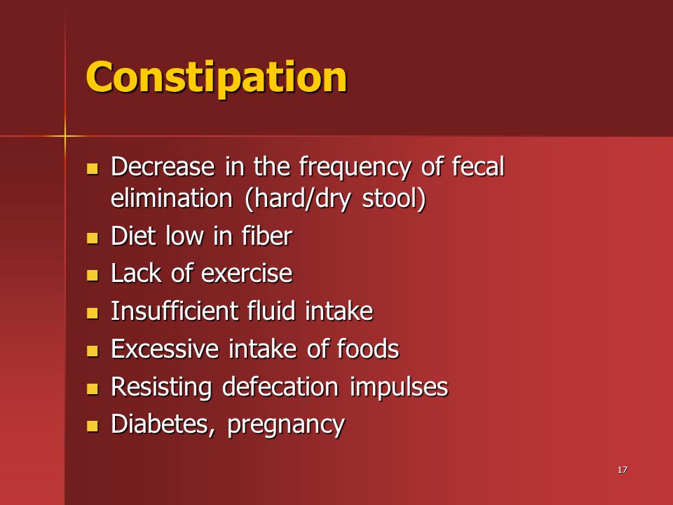 17 Constipation Decrease in the frequency of fecal elimination (hard/dry stool) Decrease in the frequency of fecal elimination (hard/dry stool) Diet low in fiber Diet low in fiber Lack of exercise Lack of exercise Insufficient fluid intake Insufficient fluid intake Excessive intake of foods Excessive intake of foods Resisting defecation impulses Resisting defecation impulses Diabetes, pregnancy Diabetes, pregnancy