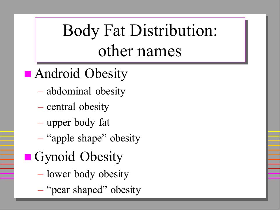 Body Fat Distribution: other names n Android Obesity –abdominal obesity –central obesity –upper body fat – apple shape obesity n Gynoid Obesity –lower body obesity – pear shaped obesity