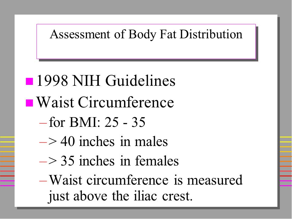 Assessment of Body Fat Distribution n 1998 NIH Guidelines n Waist Circumference –for BMI: –> 40 inches in males –> 35 inches in females –Waist circumference is measured just above the iliac crest.