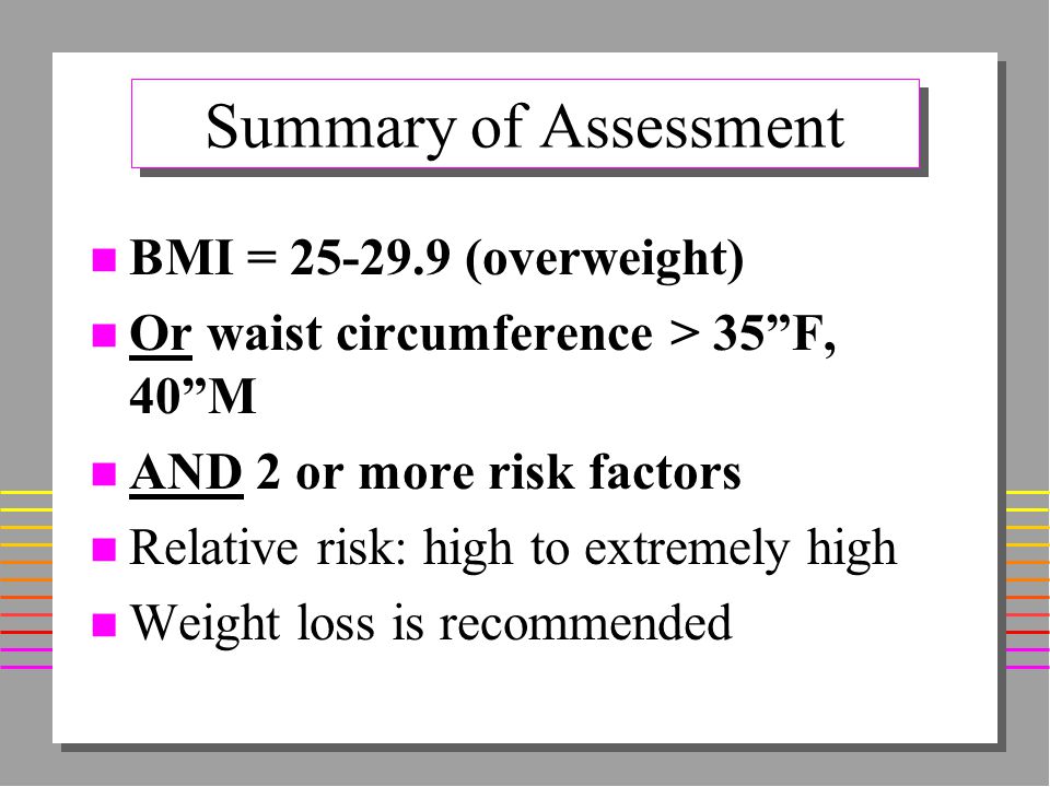 Summary of Assessment n BMI = (overweight) n Or waist circumference > 35 F, 40 M n AND 2 or more risk factors n Relative risk: high to extremely high n Weight loss is recommended