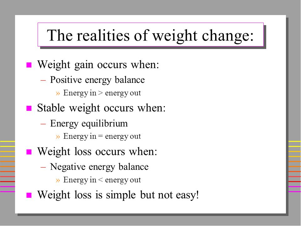 The realities of weight change: n Weight gain occurs when: –Positive energy balance »Energy in > energy out n Stable weight occurs when: –Energy equilibrium »Energy in = energy out n Weight loss occurs when: –Negative energy balance »Energy in < energy out n Weight loss is simple but not easy!