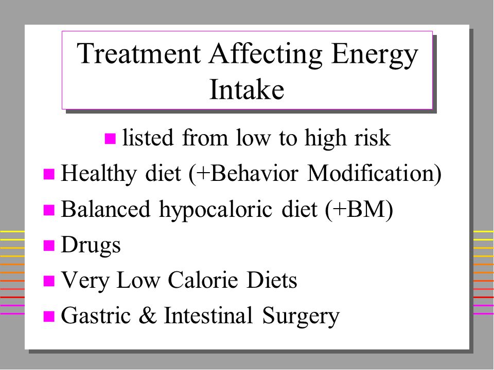 Treatment Affecting Energy Intake n listed from low to high risk n Healthy diet (+Behavior Modification) n Balanced hypocaloric diet (+BM) n Drugs n Very Low Calorie Diets n Gastric & Intestinal Surgery