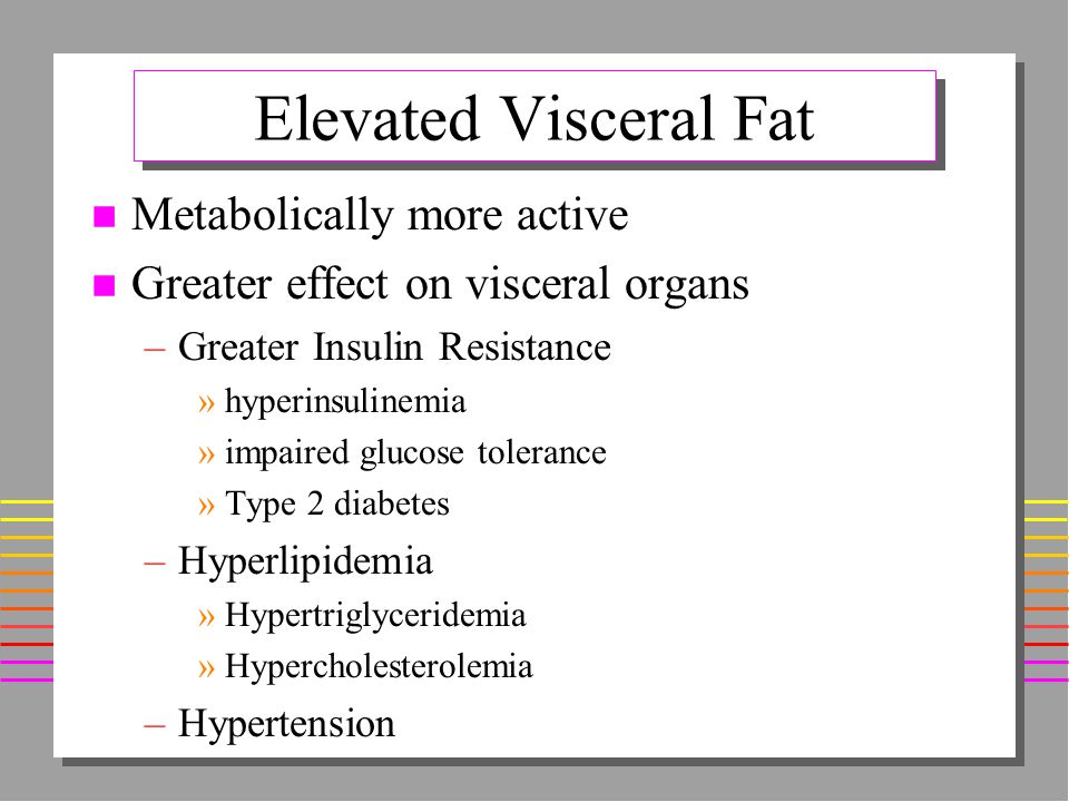 Elevated Visceral Fat n Metabolically more active n Greater effect on visceral organs –Greater Insulin Resistance »hyperinsulinemia »impaired glucose tolerance »Type 2 diabetes –Hyperlipidemia »Hypertriglyceridemia »Hypercholesterolemia –Hypertension