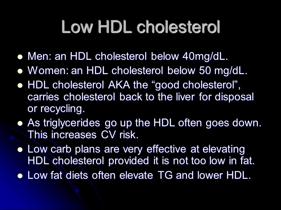 Low HDL cholesterol Men: an HDL cholesterol below 40mg/dL.