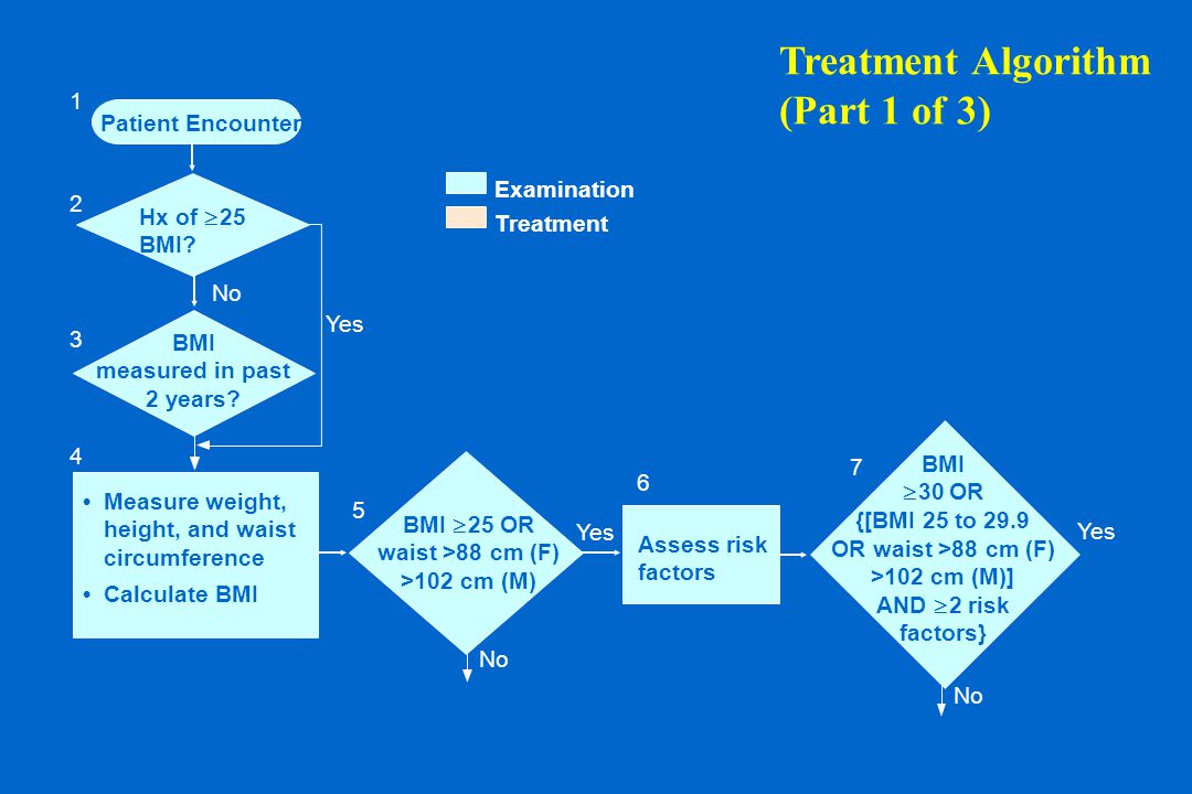 No BMI  30 OR {[BMI 25 to 29.9 OR waist >88 cm (F) >102 cm (M)] AND  2 risk factors} Treatment Algorithm (Part 1 of 3) Patient Encounter Hx of  25 BMI.