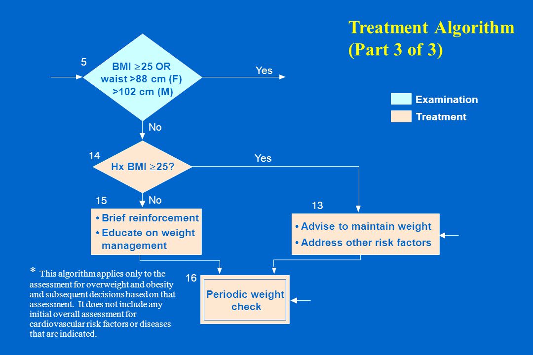 Brief reinforcement Educate on weight management Periodic weight check Advise to maintain weight Address other risk factors Yes No Yes No Hx BMI  25.