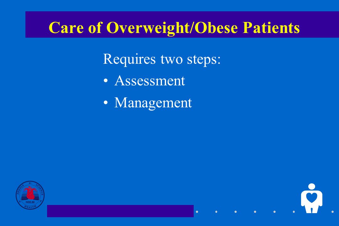 Care of Overweight/Obese Patients Requires two steps: Assessment Management