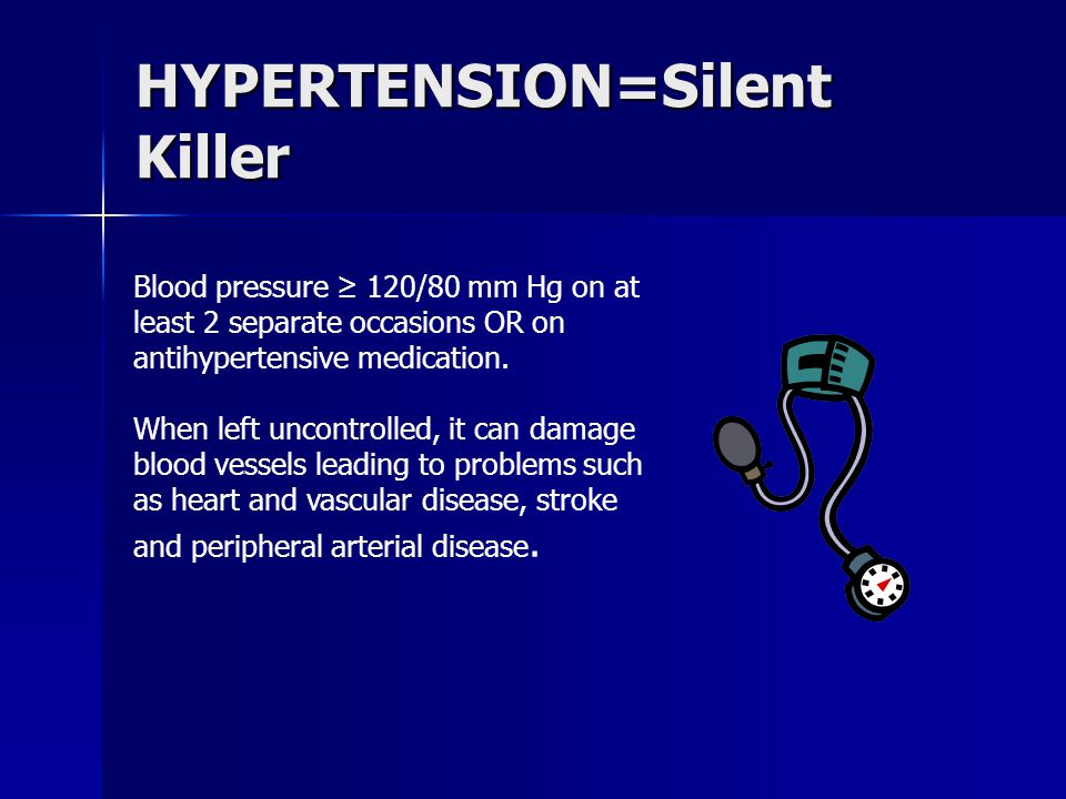 HYPERTENSION=Silent Killer Blood pressure ≥ 120/80 mm Hg on at least 2 separate occasions OR on antihypertensive medication.