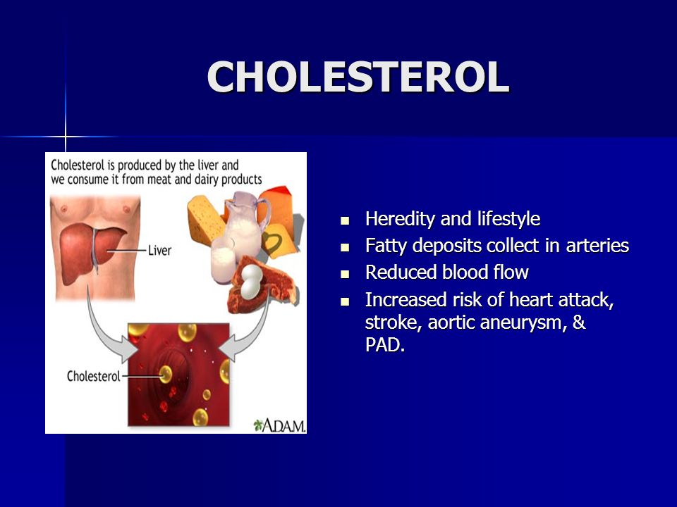 CHOLESTEROL Heredity and lifestyle Heredity and lifestyle Fatty deposits collect in arteries Fatty deposits collect in arteries Reduced blood flow Reduced blood flow Increased risk of heart attack, stroke, aortic aneurysm, & PAD.