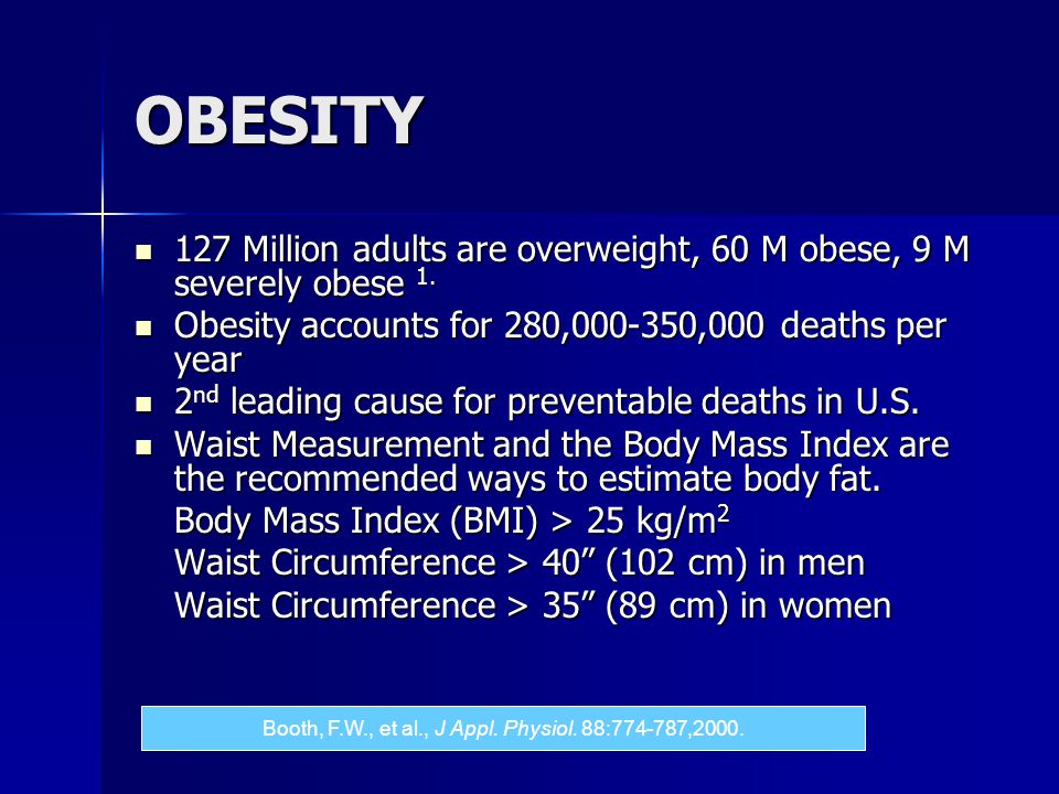 OBESITY 127 Million adults are overweight, 60 M obese, 9 M severely obese 1.