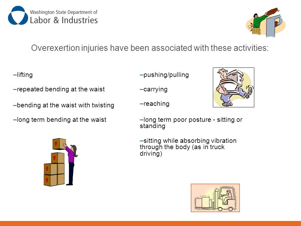 Overexertion injuries have been associated with these activities: –lifting –repeated bending at the waist –bending at the waist with twisting –long term bending at the waist –pushing/pulling –carrying –reaching –long term poor posture - sitting or standing –sitting while absorbing vibration through the body (as in truck driving)