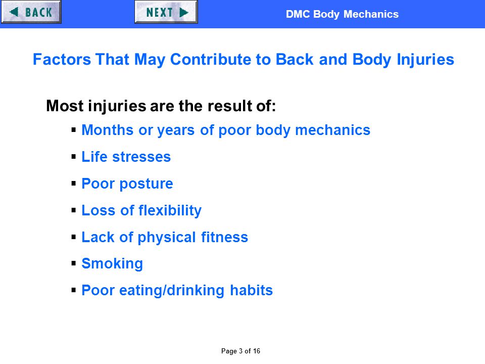 DMC Body Mechanics Page 3 of 16 Factors That May Contribute to Back and Body Injuries Most injuries are the result of:  Months or years of poor body mechanics  Life stresses  Poor posture  Loss of flexibility  Lack of physical fitness  Smoking  Poor eating/drinking habits