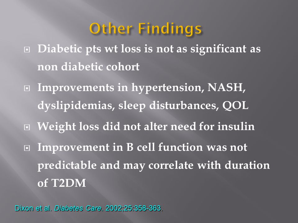  Diabetic pts wt loss is not as significant as non diabetic cohort  Improvements in hypertension, NASH, dyslipidemias, sleep disturbances, QOL  Weight loss did not alter need for insulin  Improvement in B cell function was not predictable and may correlate with duration of T2DM Dixon et al.