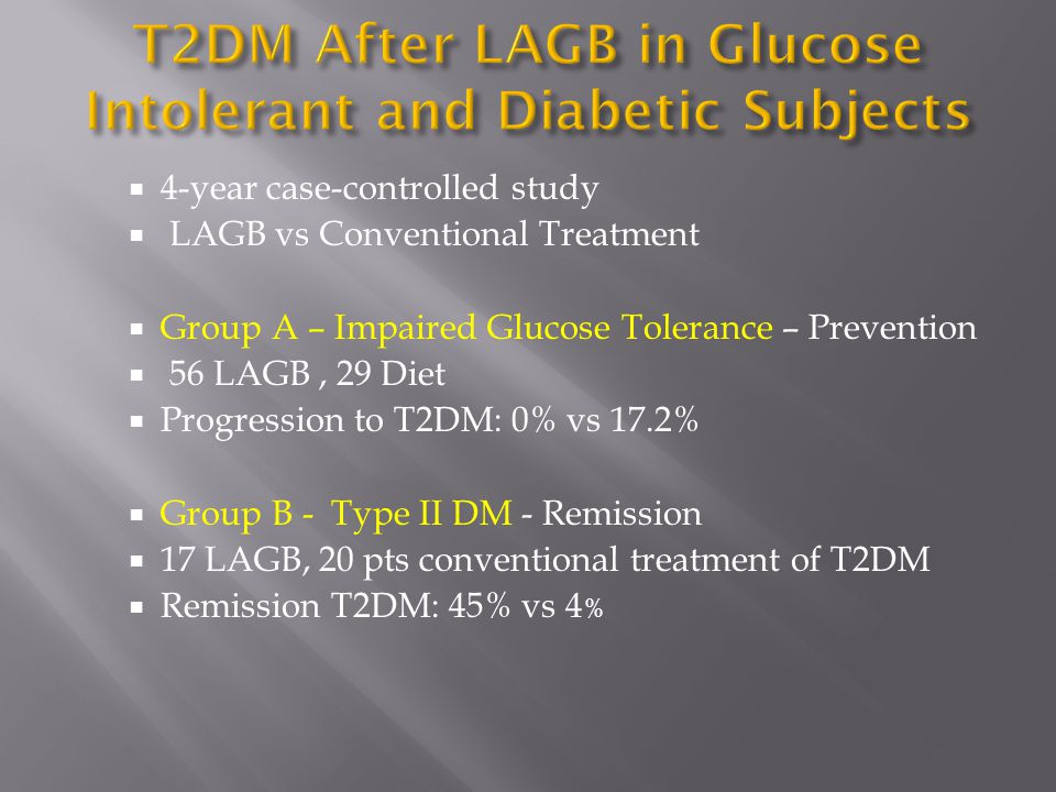  4-year case-controlled study  LAGB vs Conventional Treatment  Group A – Impaired Glucose Tolerance – Prevention  56 LAGB, 29 Diet  Progression to T2DM: 0% vs 17.2%  Group B - Type II DM - Remission  17 LAGB, 20 pts conventional treatment of T2DM  Remission T2DM: 45% vs 4 %
