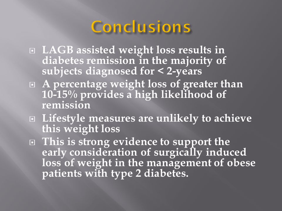 LAGB assisted weight loss results in diabetes remission in the majority of subjects diagnosed for < 2-years  A percentage weight loss of greater than 10-15% provides a high likelihood of remission  Lifestyle measures are unlikely to achieve this weight loss  This is strong evidence to support the early consideration of surgically induced loss of weight in the management of obese patients with type 2 diabetes.