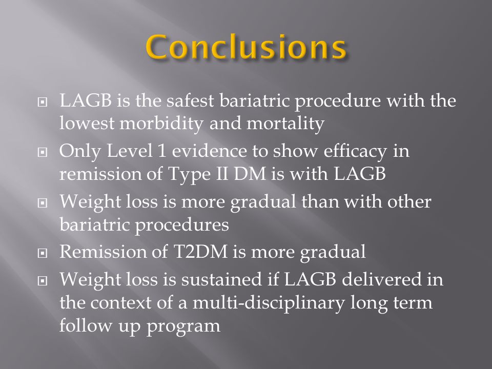  LAGB is the safest bariatric procedure with the lowest morbidity and mortality  Only Level 1 evidence to show efficacy in remission of Type II DM is with LAGB  Weight loss is more gradual than with other bariatric procedures  Remission of T2DM is more gradual  Weight loss is sustained if LAGB delivered in the context of a multi-disciplinary long term follow up program