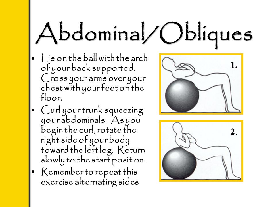 Abdominal/Obliques Lie on the ball with the arch of your back supported.