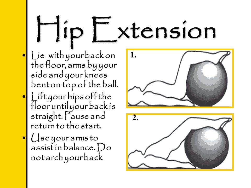Hip Extension Lie with your back on the floor, arms by your side and your knees bent on top of the ball.
