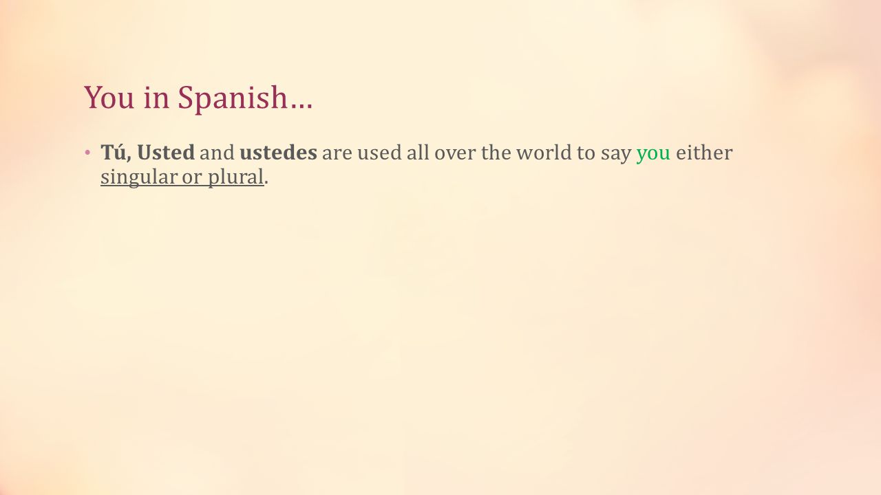 You in Spanish… Tú, Usted and ustedes are used all over the world to say you either singular or plural.