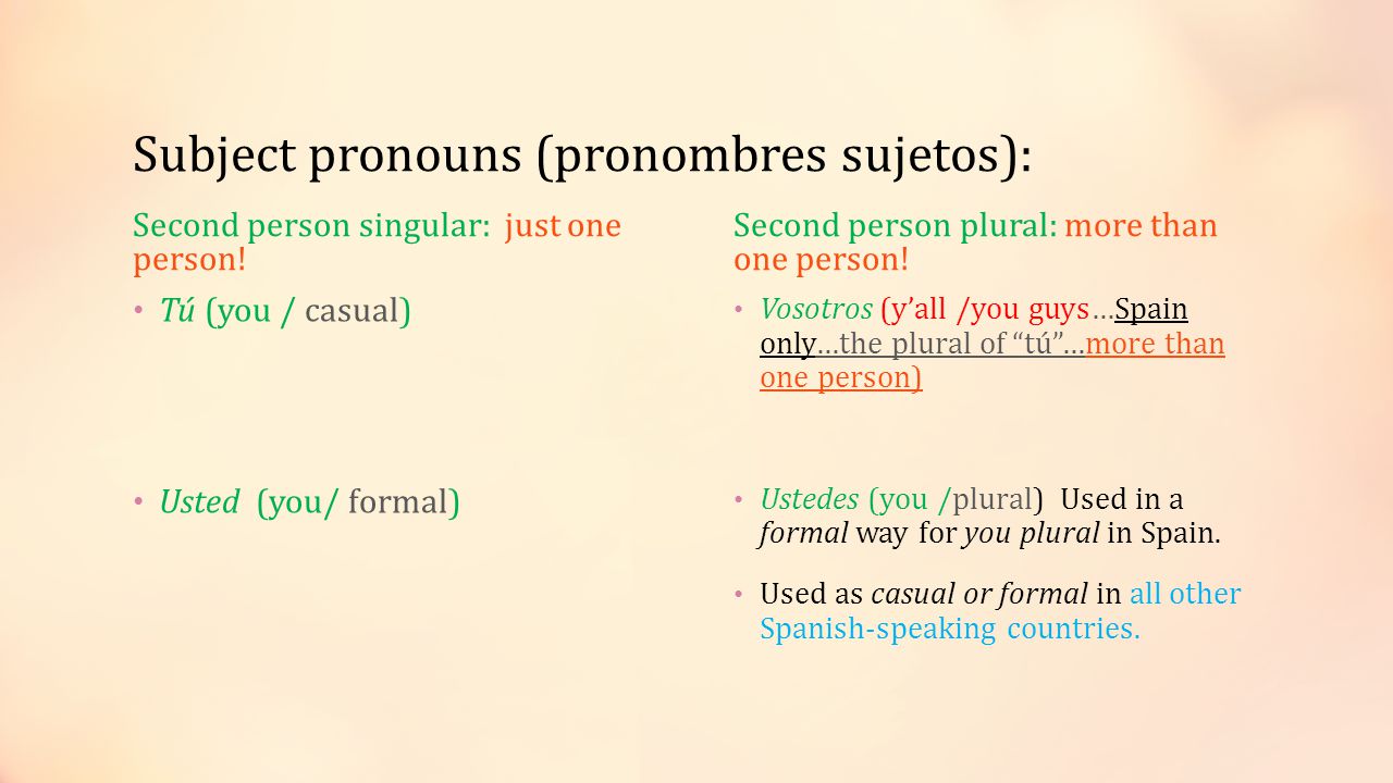 Subject pronouns (pronombres sujetos): Second person singular: just one person.