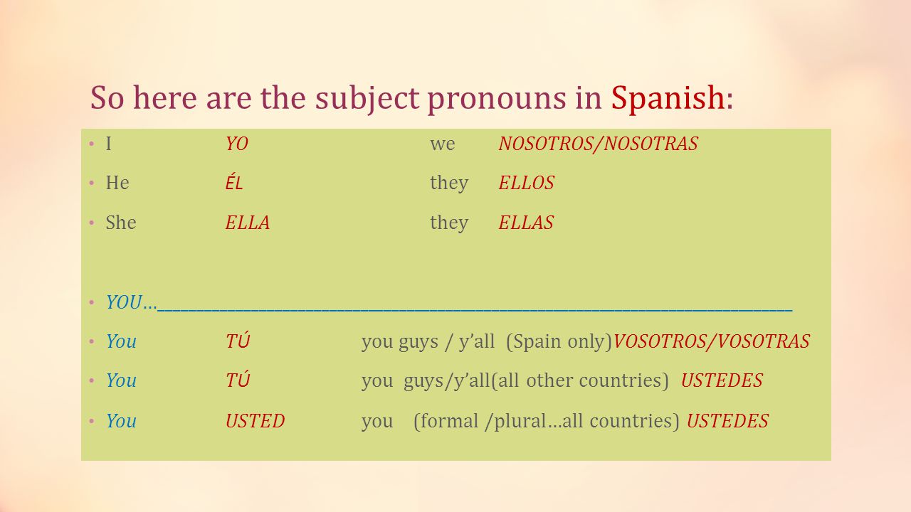 So here are the subject pronouns in Spanish: I YOweNOSOTROS/NOSOTRAS He ÉL theyELLOS She ELLAtheyELLAS YOU…__________________________________________________________________________________ YouT Ú you guys / y’all (Spain only)VOSOTROS/VOSOTRAS YouT Ú you guys/y’all(all other countries) USTEDES YouUSTEDyou (formal /plural…all countries) USTEDES