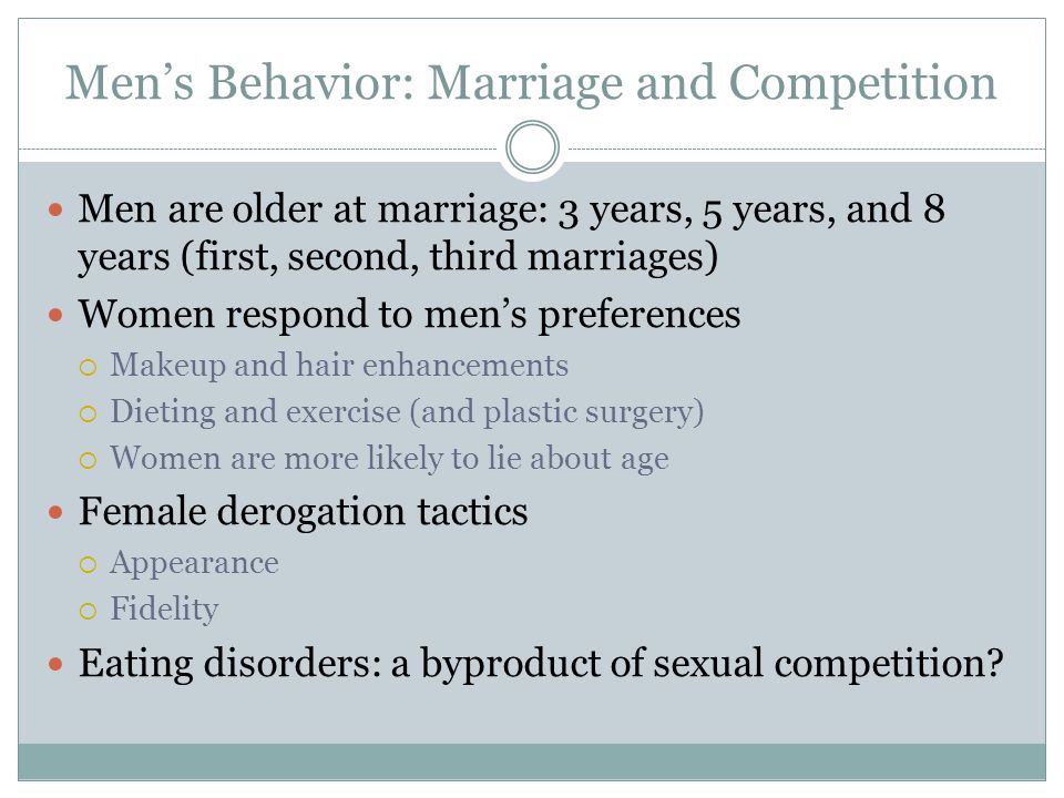Men’s Behavior: Marriage and Competition Men are older at marriage: 3 years, 5 years, and 8 years (first, second, third marriages) Women respond to men’s preferences  Makeup and hair enhancements  Dieting and exercise (and plastic surgery)  Women are more likely to lie about age Female derogation tactics  Appearance  Fidelity Eating disorders: a byproduct of sexual competition