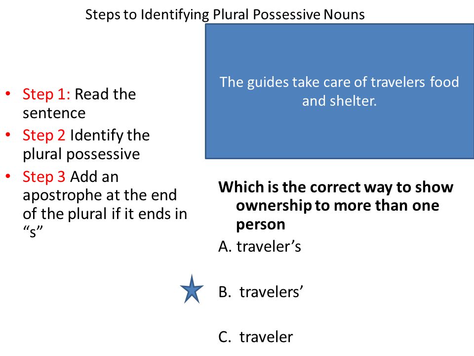 Steps to Identifying Plural Possessive Nouns Step 1: Read the sentence Step 2 Identify the plural possessive Step 3 Add an apostrophe at the end of the plural if it ends in s Which is the correct way to show ownership to more than one person A.