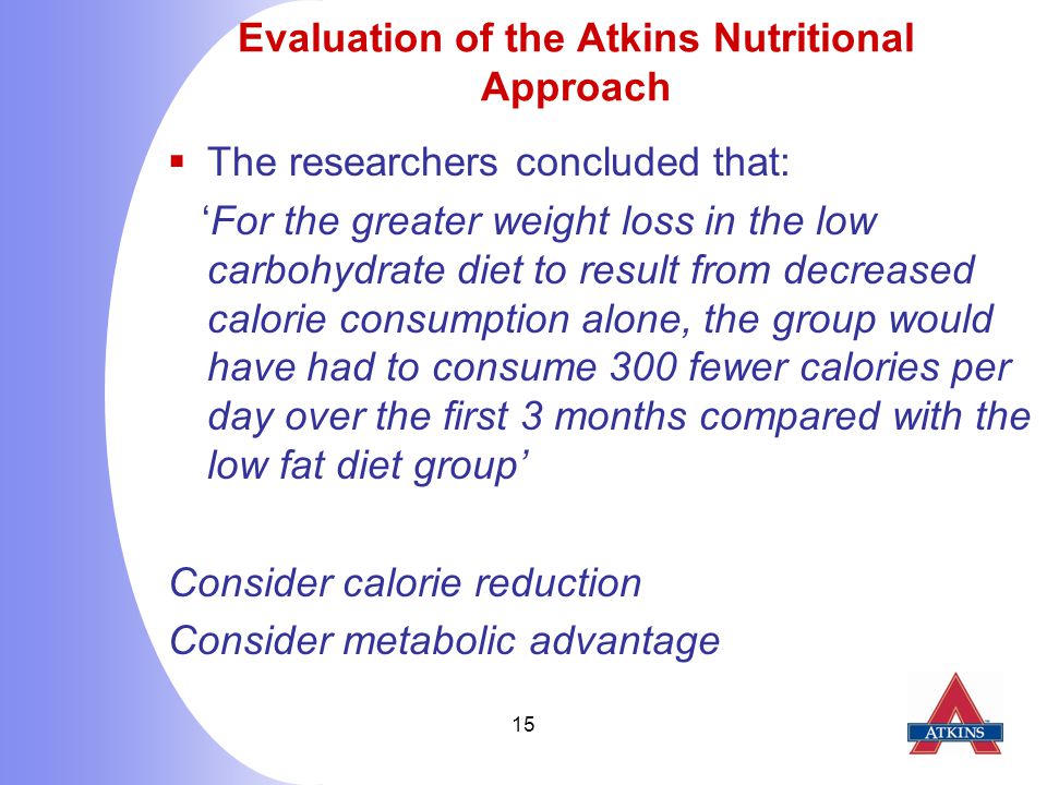 15 Evaluation of the Atkins Nutritional Approach  The researchers concluded that: ‘For the greater weight loss in the low carbohydrate diet to result from decreased calorie consumption alone, the group would have had to consume 300 fewer calories per day over the first 3 months compared with the low fat diet group’ Consider calorie reduction Consider metabolic advantage