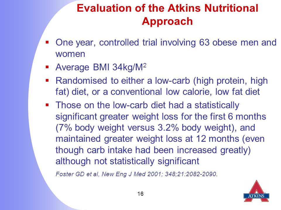 16 Evaluation of the Atkins Nutritional Approach  One year, controlled trial involving 63 obese men and women  Average BMI 34kg/M 2  Randomised to either a low-carb (high protein, high fat) diet, or a conventional low calorie, low fat diet  Those on the low-carb diet had a statistically significant greater weight loss for the first 6 months (7% body weight versus 3.2% body weight), and maintained greater weight loss at 12 months (even though carb intake had been increased greatly) although not statistically significant Foster GD et al, New Eng J Med 2001; 348;21:
