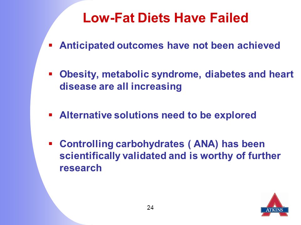 24 Low-Fat Diets Have Failed  Anticipated outcomes have not been achieved  Obesity, metabolic syndrome, diabetes and heart disease are all increasing  Alternative solutions need to be explored  Controlling carbohydrates ( ANA) has been scientifically validated and is worthy of further research