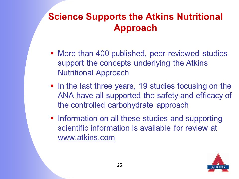 25 Science Supports the Atkins Nutritional Approach  More than 400 published, peer-reviewed studies support the concepts underlying the Atkins Nutritional Approach  In the last three years, 19 studies focusing on the ANA have all supported the safety and efficacy of the controlled carbohydrate approach  Information on all these studies and supporting scientific information is available for review at