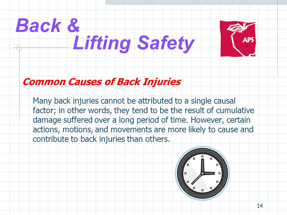 14 Back & Lifting Safety Common Causes of Back Injuries Many back injuries cannot be attributed to a single causal factor; in other words, they tend to be the result of cumulative damage suffered over a long period of time.