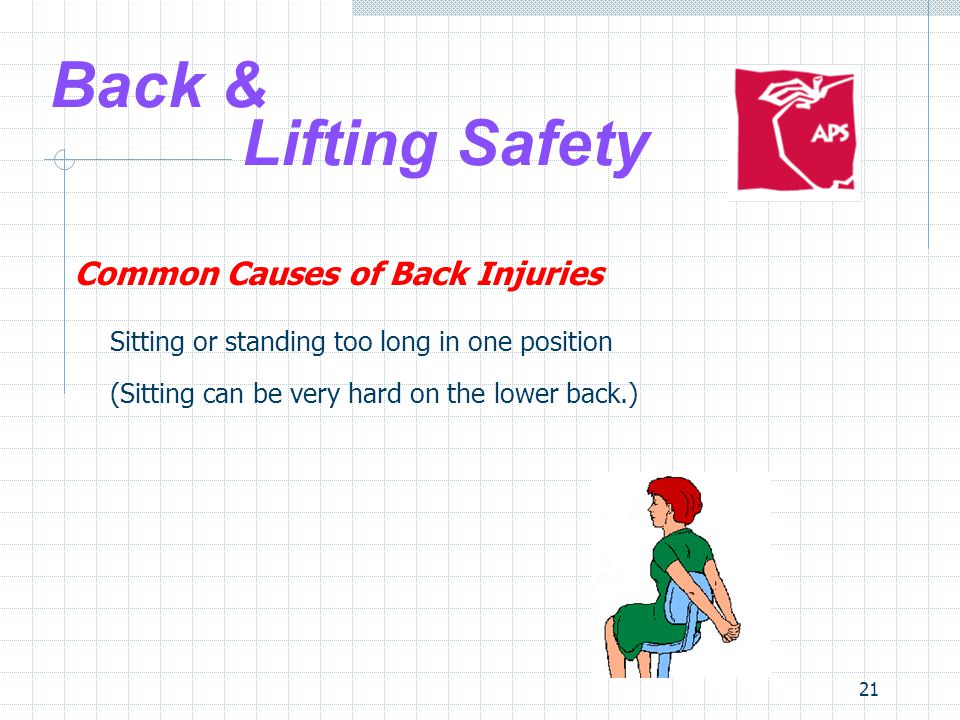 21 Back & Lifting Safety Common Causes of Back Injuries Sitting or standing too long in one position (Sitting can be very hard on the lower back.)