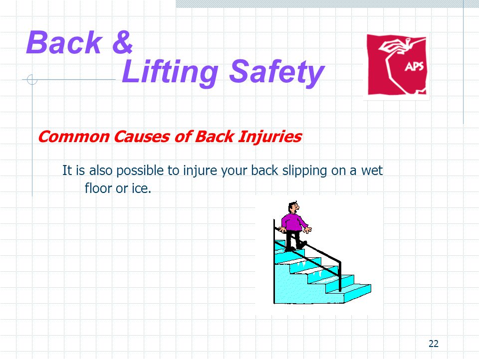 22 Back & Lifting Safety Common Causes of Back Injuries It is also possible to injure your back slipping on a wet floor or ice.