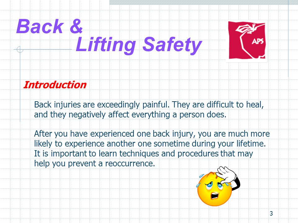 3 Back & Lifting Safety Introduction Back injuries are exceedingly painful.