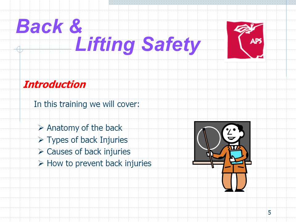 5 Back & Lifting Safety Introduction In this training we will cover:  Anatomy of the back  Types of back Injuries  Causes of back injuries  How to prevent back injuries