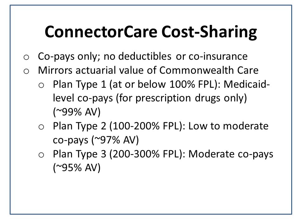 ConnectorCare Cost-Sharing o Co-pays only; no deductibles or co-insurance o Mirrors actuarial value of Commonwealth Care o Plan Type 1 (at or below 100% FPL): Medicaid- level co-pays (for prescription drugs only) (~99% AV) o Plan Type 2 ( % FPL): Low to moderate co-pays (~97% AV) o Plan Type 3 ( % FPL): Moderate co-pays (~95% AV)