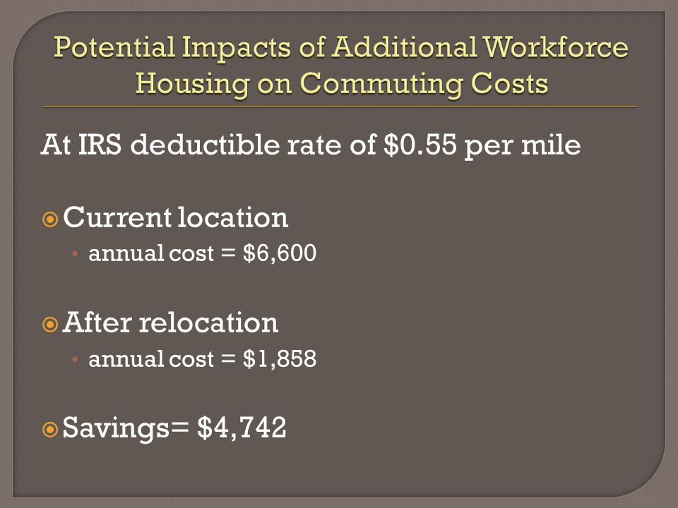 At IRS deductible rate of $0.55 per mile  Current location annual cost = $6,600  After relocation annual cost = $1,858  Savings= $4,742