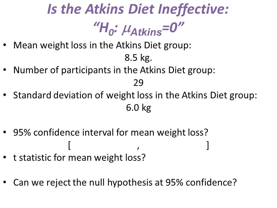 Is the Atkins Diet Ineffective: H 0 :  Atkins =0 Mean weight loss in the Atkins Diet group: 8.5 kg.